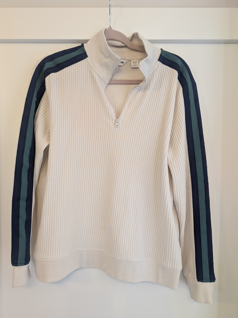 Lands' End Cream Quarter-Zip Pullover with Navy & Teal Sleeve Stripes
